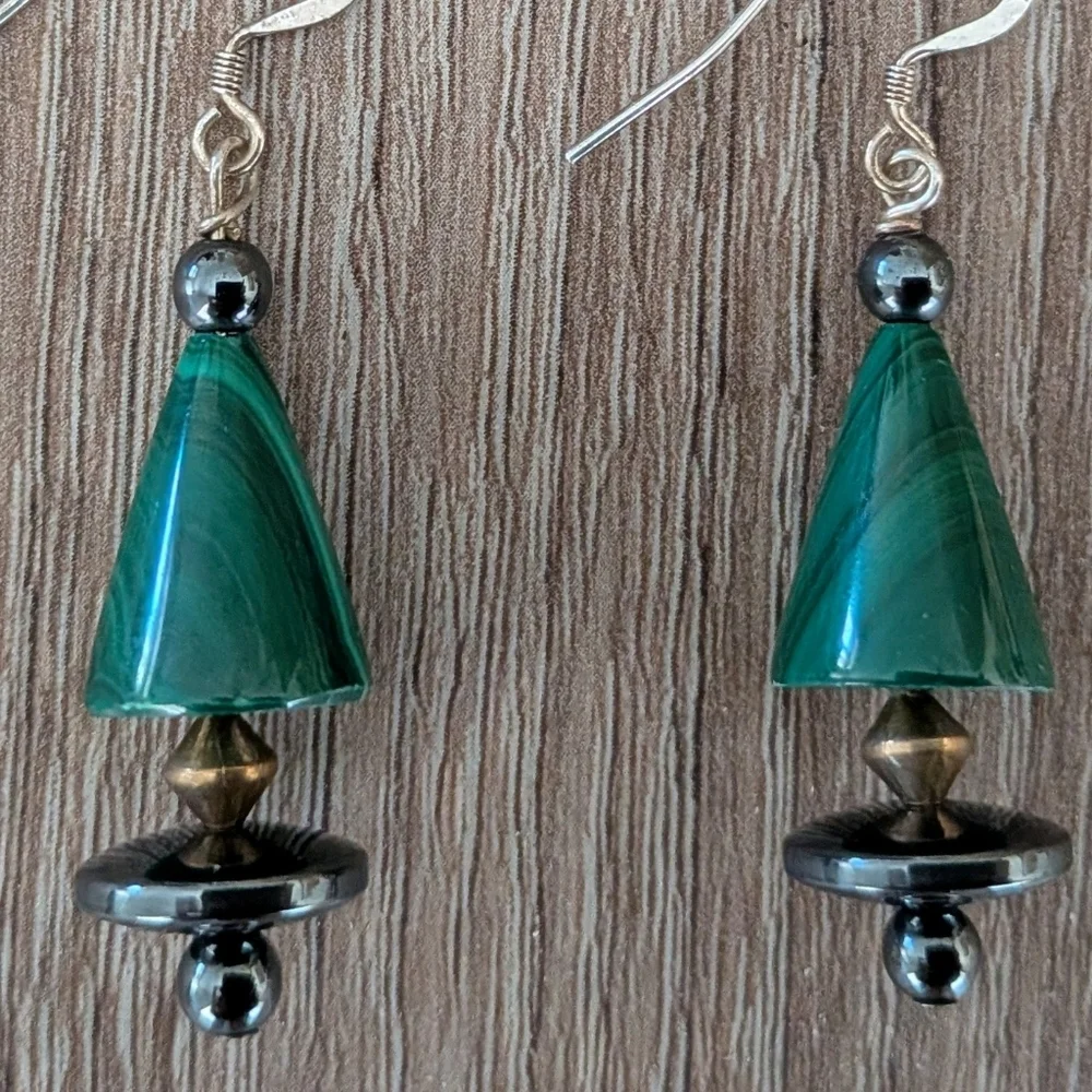Sterling Silver 925 Vintage Boho Malachite Dangle Earrings - Picture 2 of 6